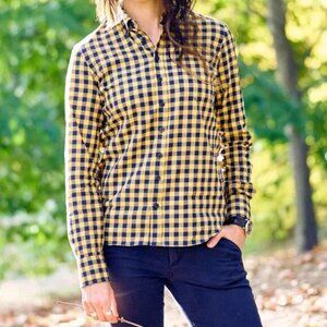 Kirrin Finch Womens 10 Checkered Button Down Shirt Yellow Navy Blue Long Sleeve
